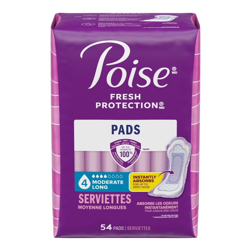 slide 2 of 6, Poise Incontinence Pads for Women - Moderate Absorbency - 4 Drop - Long - 54ct, 54 ct