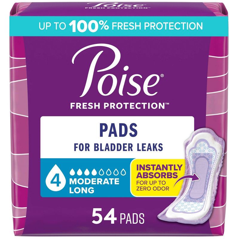slide 1 of 9, Poise Incontinence Pads for Women - Moderate Absorbency - 4 Drop - Long - 54ct, 54 ct