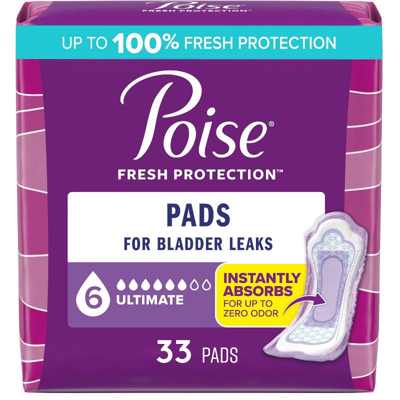 slide 1 of 6, Poise Incontinence Pads for Women - Ultimate Absorbency - 6 Drop - Regular - 33ct, 33 ct
