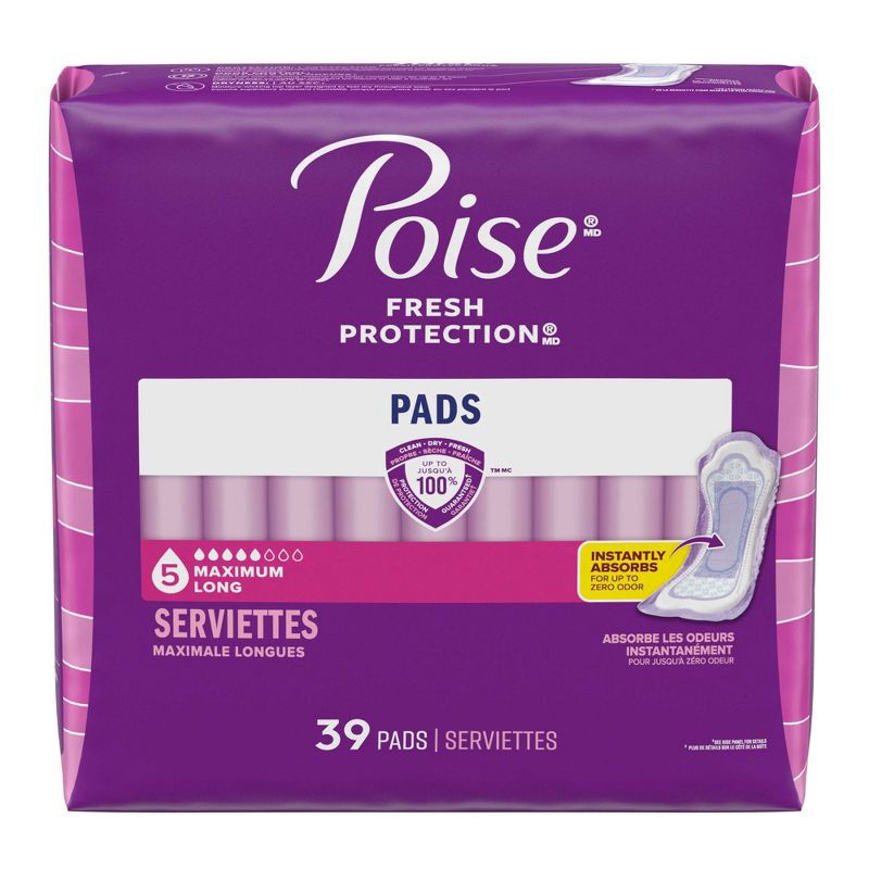 slide 2 of 6, Poise Postpartum Incontinence Feminine Pads for Women - Maximum Absorbency - Long - 39ct, 39 ct