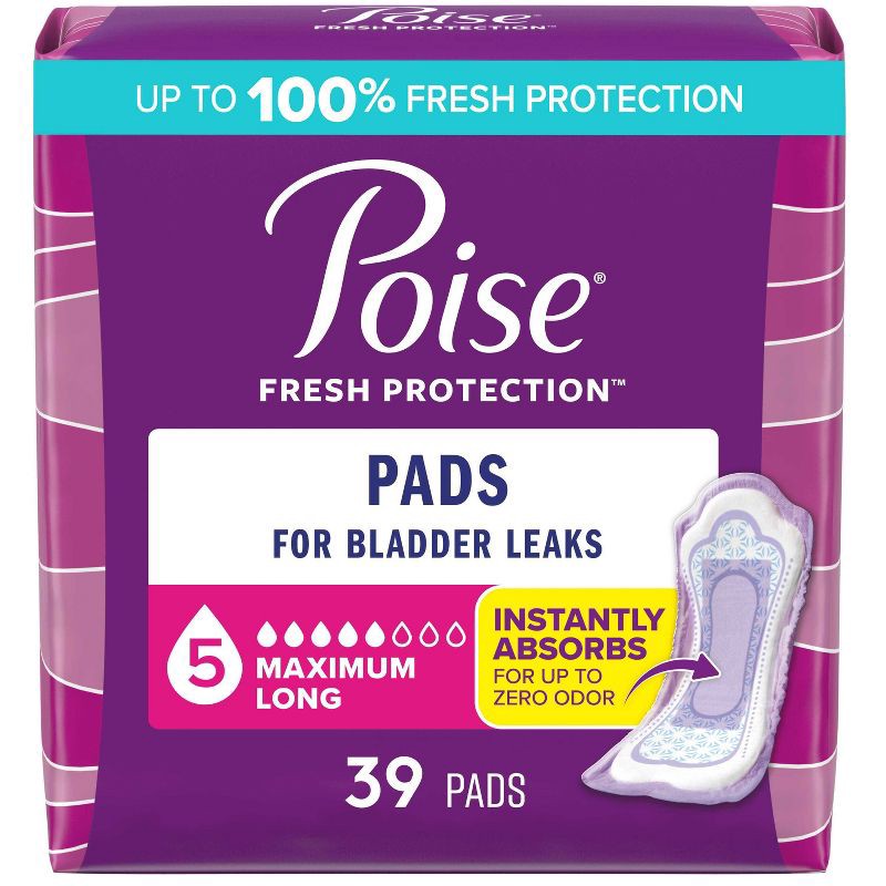 slide 1 of 6, Poise Postpartum Incontinence Feminine Pads for Women - Maximum Absorbency - Long - 39ct, 39 ct