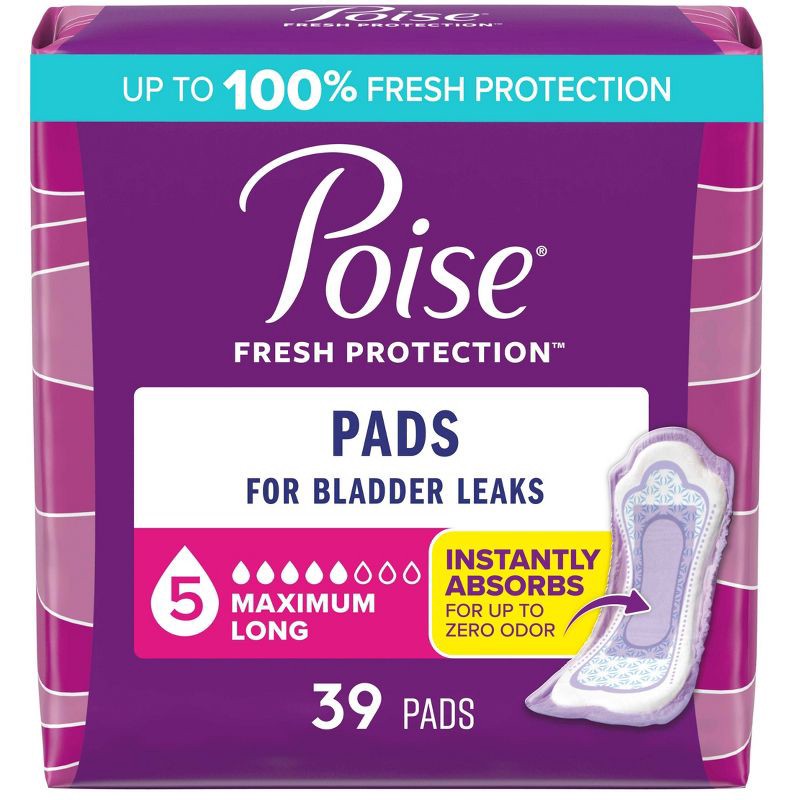 slide 1 of 9, Poise Postpartum Incontinence Feminine Pads for Women - Maximum Absorbency - Long - 39ct, 39 ct