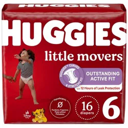 Huggies Little Movers Diapers - Size 6 - 16ct: For Baby Weight 35+ lbs, Easy-Open Sides, Wood Fluff Pulp Material