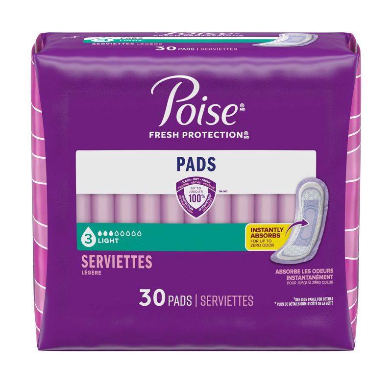 slide 2 of 6, Poise Incontinence Pads for Women - Light Absorbency - 3 Drop - Regular - 30ct, 30 ct