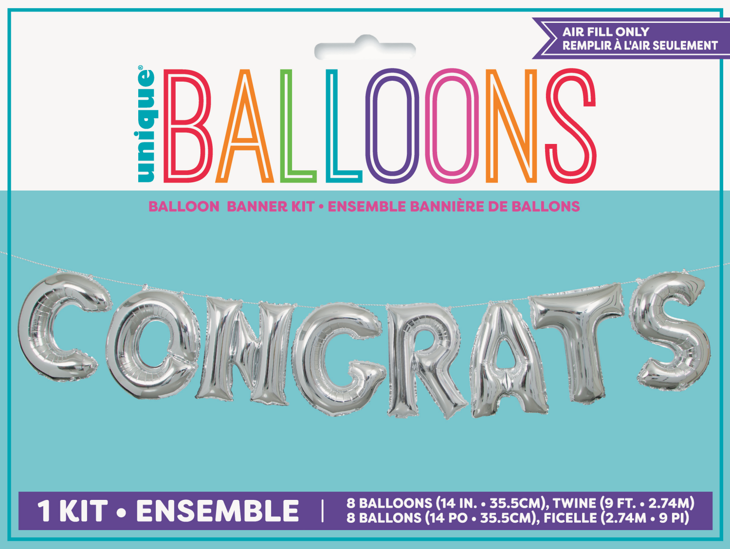 slide 1 of 2, Unique Industries Foil Silver Congrats Letter Balloon Banner Kit, 1 ct