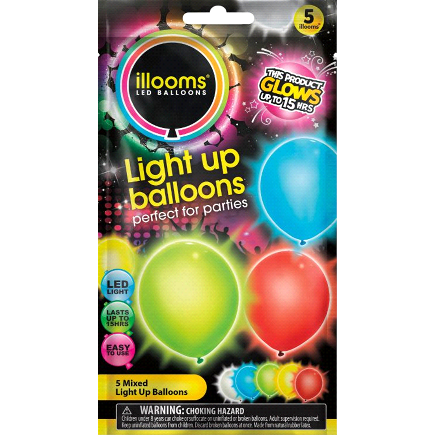 slide 1 of 1, Unique 9" Assorted Bold LED Light Up Balloons, 5ct, 5 ct