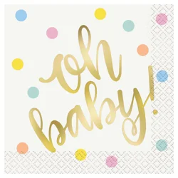 Unique Industries Gold"Oh Baby" Baby Shower Cocktail Napkins, 5" x 5"