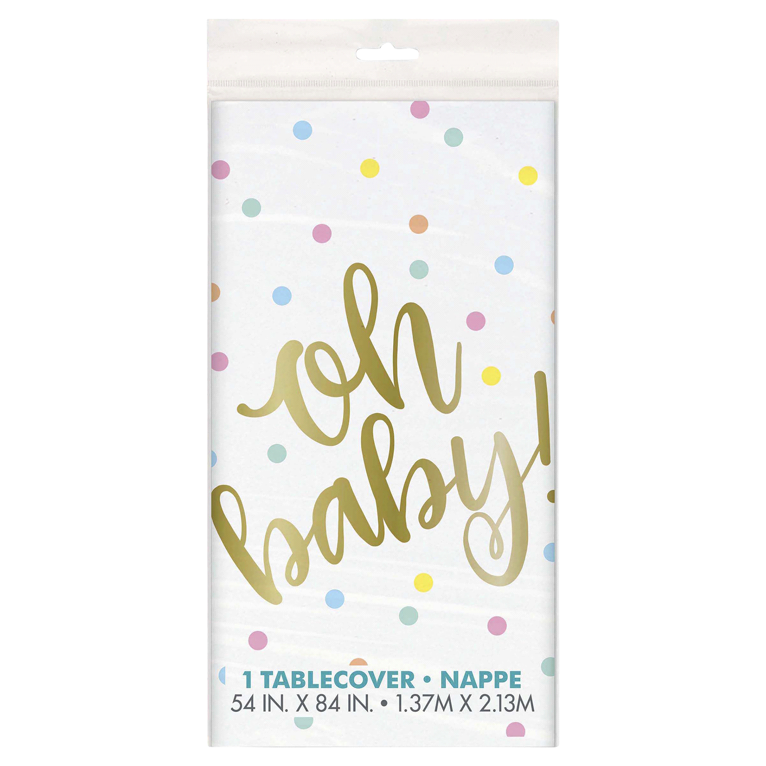 slide 1 of 1, Unique Industries Gold"Oh Baby" Baby Shower Plastic Tablecloth, 84" x 54", 84 in