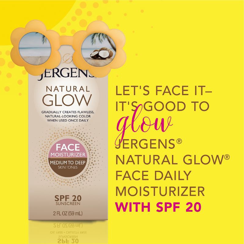 slide 5 of 8, Jergens Natural Glow Face Moisturizer Self Tanner Daily Sunscreen - SPF 20 - 2 fl oz - Medium To Deep, 0 x 2 fl oz