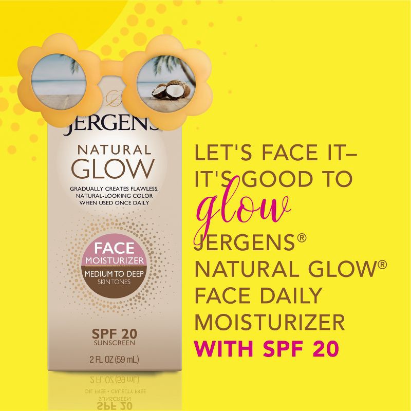 slide 5 of 8, Jergens Natural Glow Face Moisturizer Medium To Deep Tone, Self Tanner, Daily Face Sunscreen - SPF 20 - 2 fl oz, 0 x 2 fl oz