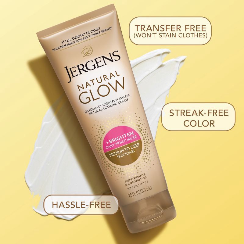 slide 8 of 10, Jergens Natural Glow Daily Moisturizer + Sunless Self Tanner Tanning Lotion - Medium To Tan - 7.5 fl oz, 7.5 fl oz
