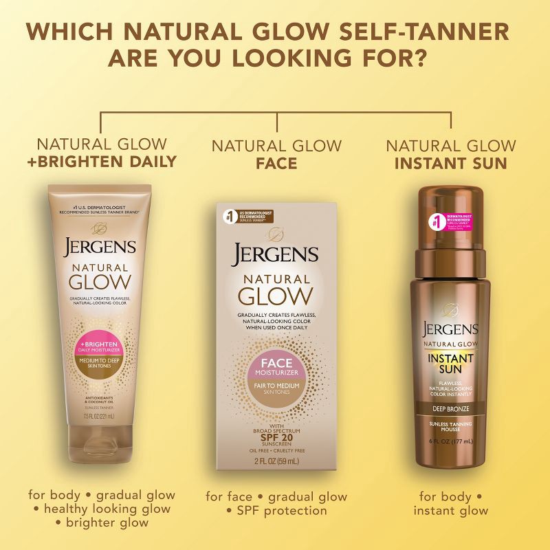 slide 10 of 10, Jergens Natural Glow Daily Moisturizer + Sunless Self Tanner Tanning Lotion - Medium To Tan - 7.5 fl oz, 7.5 fl oz