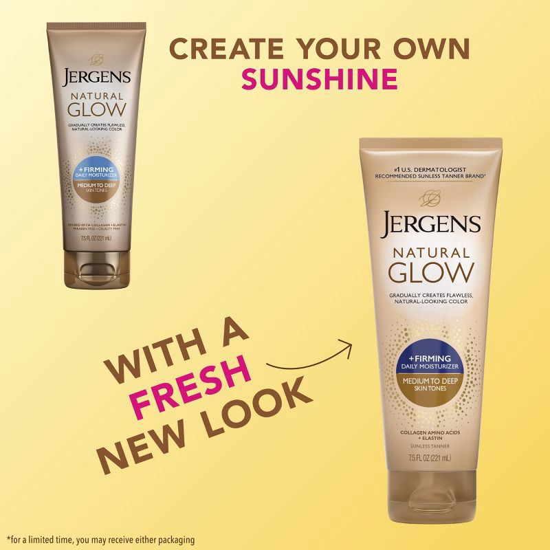 slide 3 of 9, Jergens Natural Glow Skin Firming Daily Moisturizer + Sunless Self Tanning - Medium To Tan - 7.5 fl oz, 7.5 fl oz