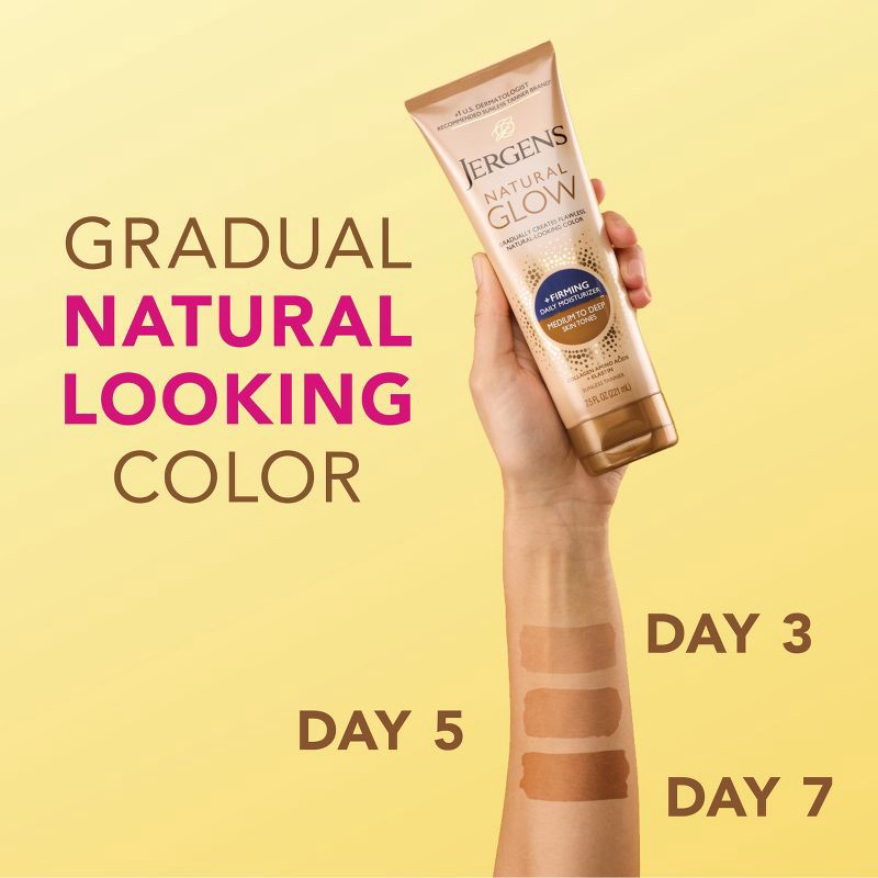 slide 5 of 9, Jergens Natural Glow Skin Firming Daily Moisturizer + Sunless Self Tanning - Medium To Tan - 7.5 fl oz, 7.5 fl oz