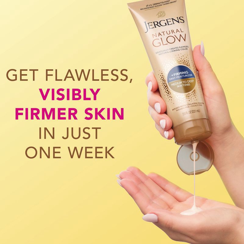 slide 7 of 9, Jergens Natural Glow Skin Firming Daily Moisturizer + Sunless Self Tanning - Medium To Tan - 7.5 fl oz, 7.5 fl oz