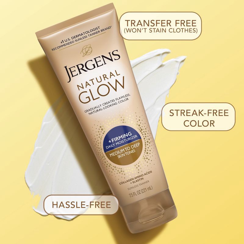 slide 8 of 9, Jergens Natural Glow Skin Firming Daily Moisturizer + Sunless Self Tanning - Medium To Tan - 7.5 fl oz, 7.5 fl oz