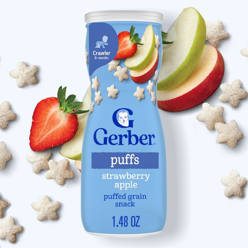 slide 2 of 9, Gerber Baby Food Strawberry Apple Puffs Toddler Snacks - 1.48oz, 1.48 oz