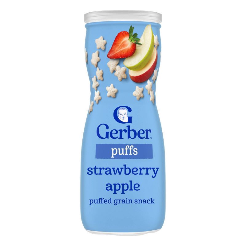 slide 1 of 10, Gerber Non-GMO Baby Food Strawberry Apple Puffs Toddler Snacks - 1.48oz: Kosher, 3rd Stage, Ready to Eat, Canister, 1.48 oz