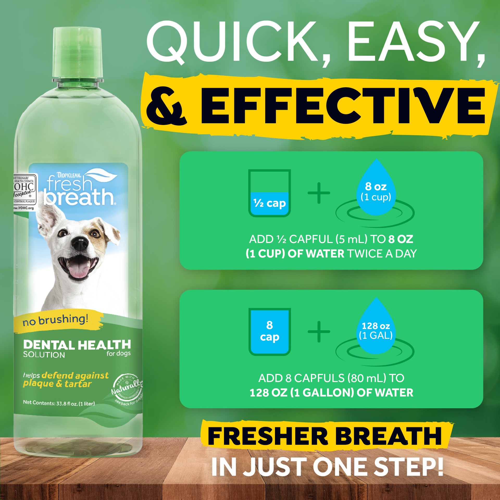 slide 7 of 10, TropiClean Fresh Breath Dental Health Solution for Dogs, 33.8oz, 33.8 oz