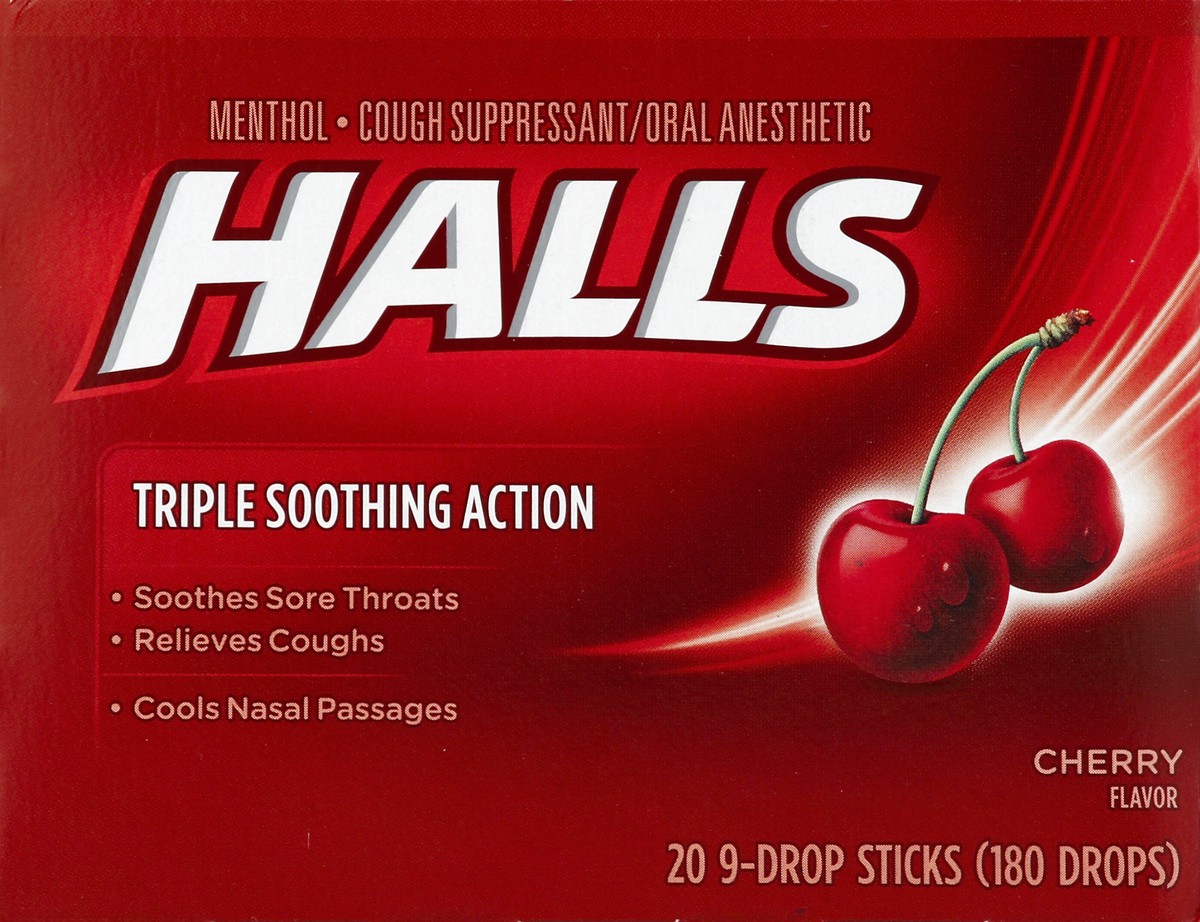 slide 2 of 5, HALLS Relief Cherry Cough Drops, 20 Sticks of 9 Drops (180 Total Drops), 23.18 oz