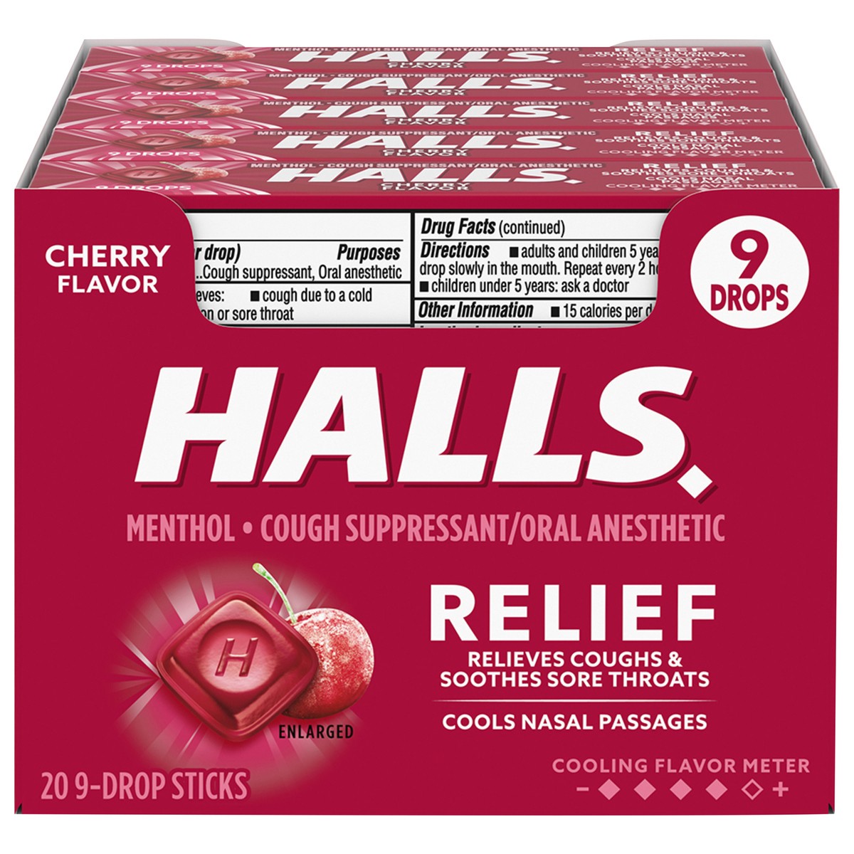 slide 1 of 5, HALLS Relief Cherry Cough Drops, 20 Sticks of 9 Drops (180 Total Drops), 23.18 oz