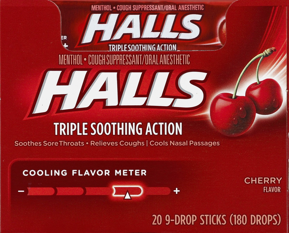 slide 3 of 5, HALLS Relief Cherry Cough Drops, 20 Sticks of 9 Drops (180 Total Drops), 23.18 oz