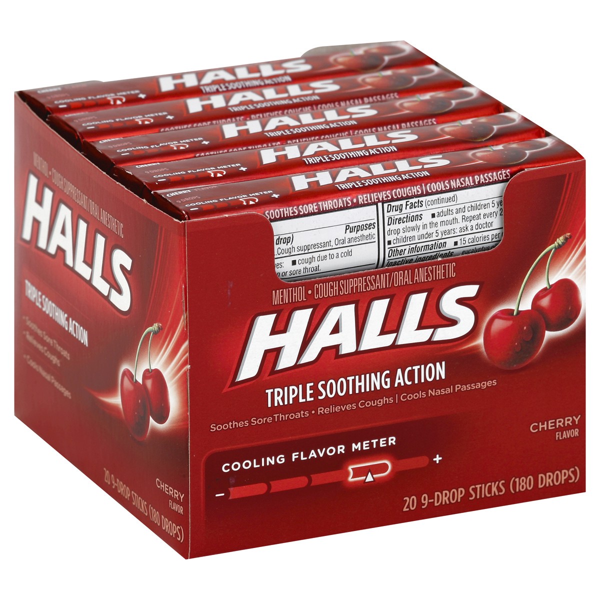 slide 4 of 5, HALLS Relief Cherry Cough Drops, 20 Sticks of 9 Drops (180 Total Drops), 23.18 oz