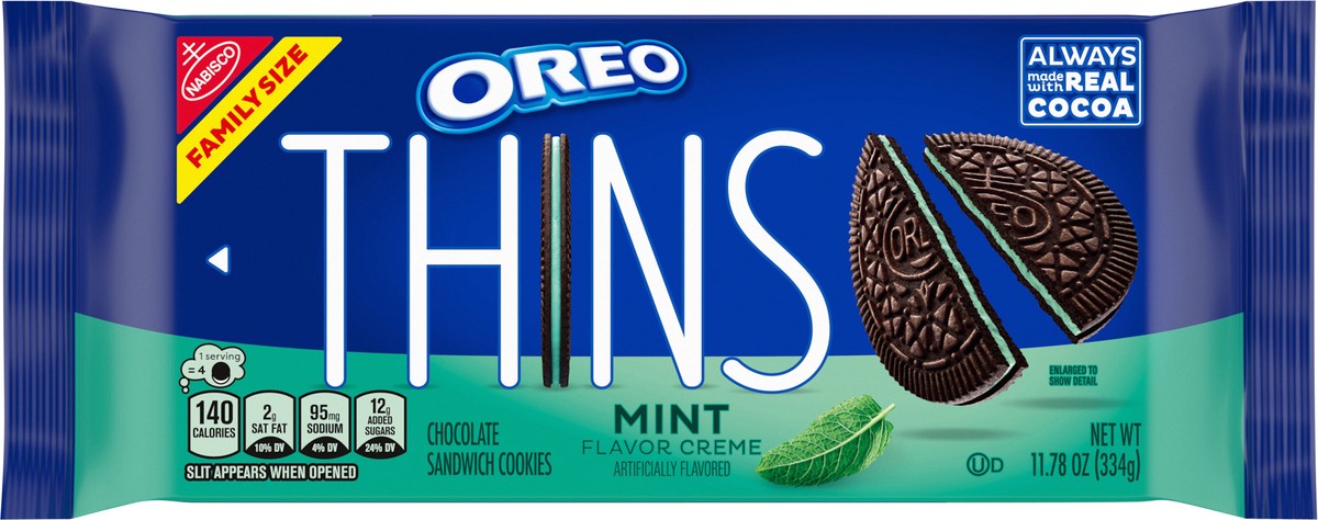 slide 5 of 13, OREO Thins Mint Creme Chocolate Sandwich Cookies, Family Size, 11.78 oz, 11.78 oz