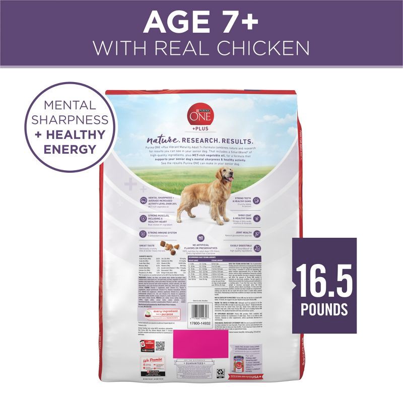 slide 8 of 9, Purina ONE SmartBlend Vibrant Maturity Natural Chicken Flavor Dry Dog Food for 7+ Senior Dogs - 16.5lbs, 16.5 lb