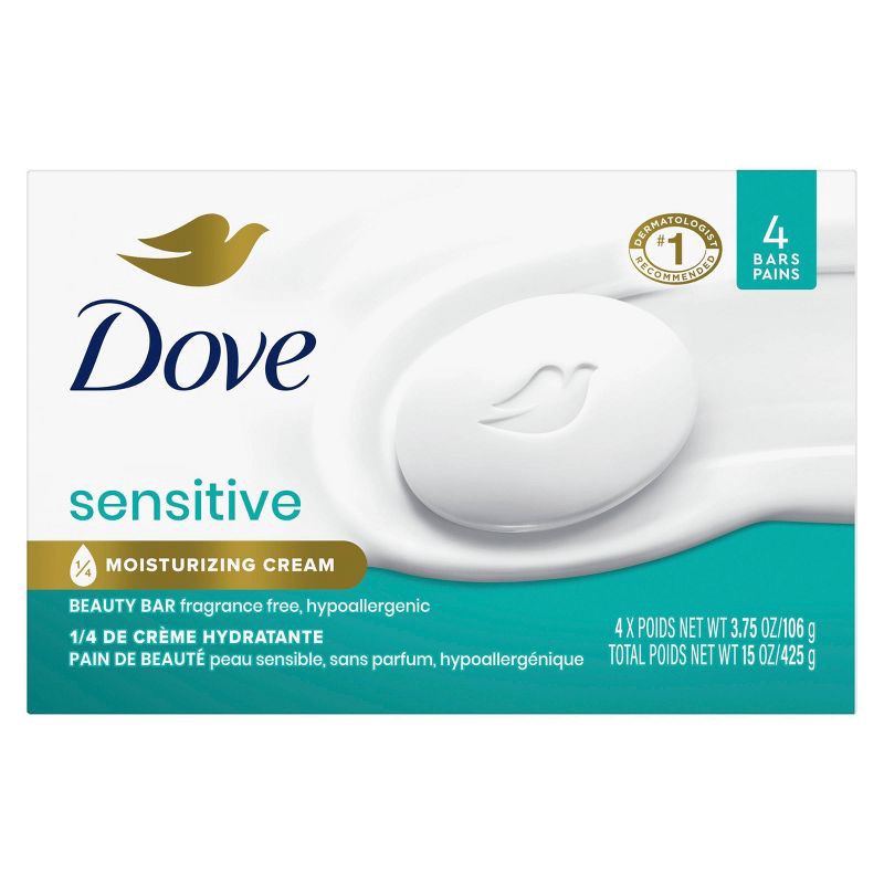 slide 2 of 8, Dove Beauty Sensitive Skin Unscented Beauty Bar Soap - 4pk - 3.75oz each, 4 ct; 3.75 oz