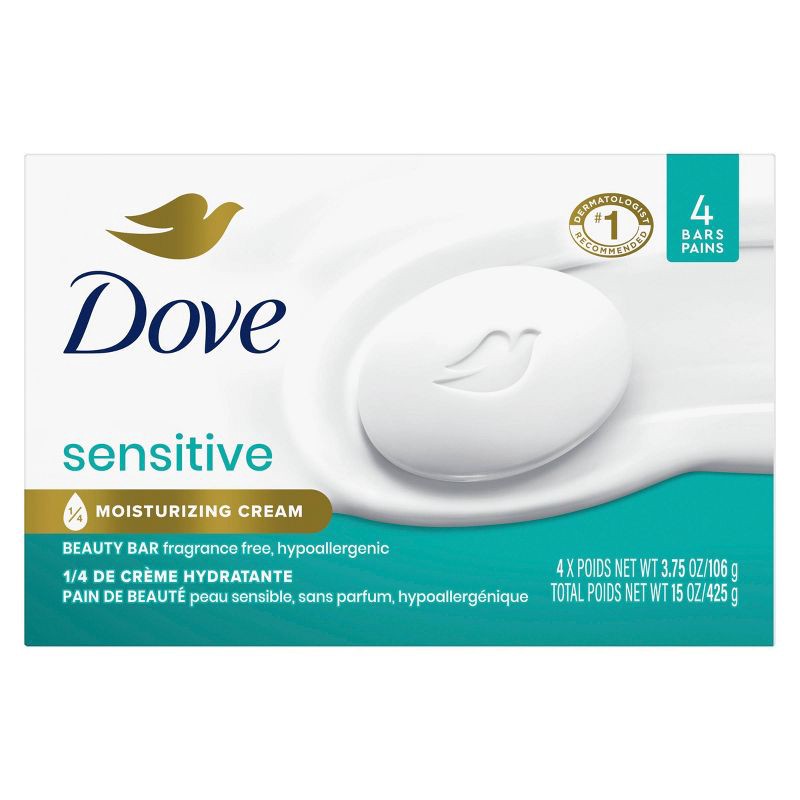 slide 8 of 14, Dove Beauty Sensitive Skin Unscented Beauty Bar Soap - 4pk - 3.75oz each, 4 ct; 3.75 oz