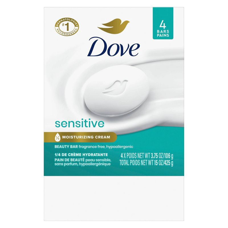 slide 3 of 8, Dove Beauty Sensitive Skin Unscented Beauty Bar Soap - 4pk - 3.75oz each, 4 ct; 3.75 oz