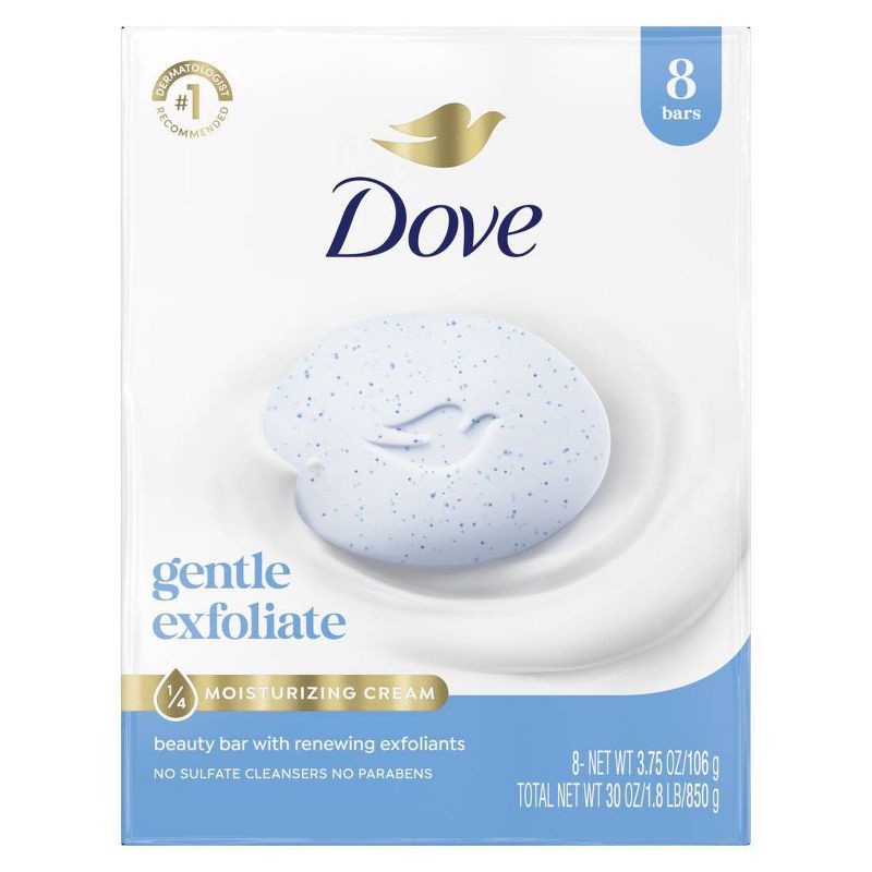 slide 1 of 9, Dove Beauty Gentle Exfoliating Beauty Bar Soap - 8pk - 3.75oz each, 8 ct, 3.75 oz