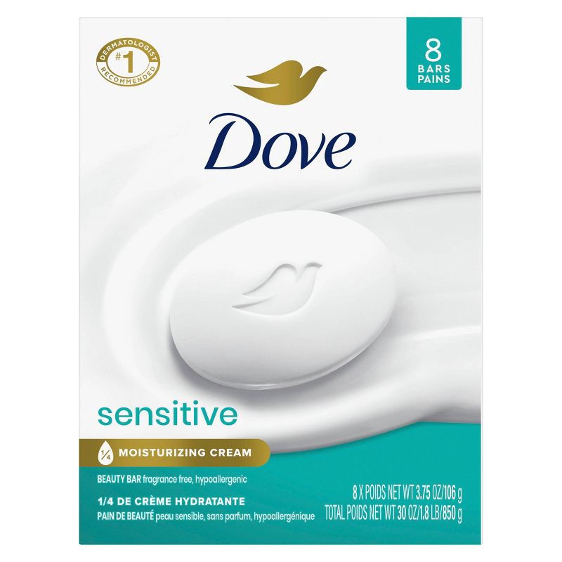 slide 2 of 9, Dove Beauty Sensitive Skin Moisturizing Fragrance-Free Beauty Bar Soap - 8pk/3.75oz each, 8 ct, 3.75 oz