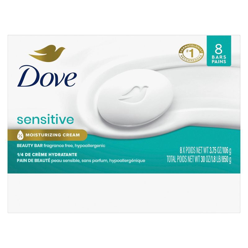 slide 3 of 8, Dove Beauty Sensitive Skin Unscented Beauty Bar Soap - 8pk - 3.75oz each, 8 ct, 3.75 oz