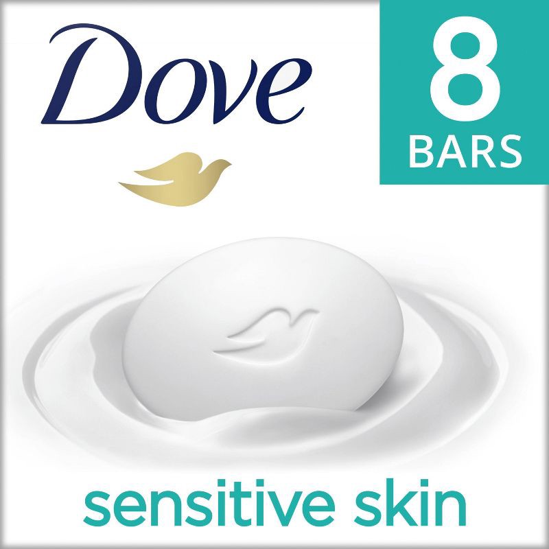 slide 1 of 8, Dove Beauty Sensitive Skin Unscented Beauty Bar Soap - 8pk - 3.75oz each, 8 ct, 3.75 oz
