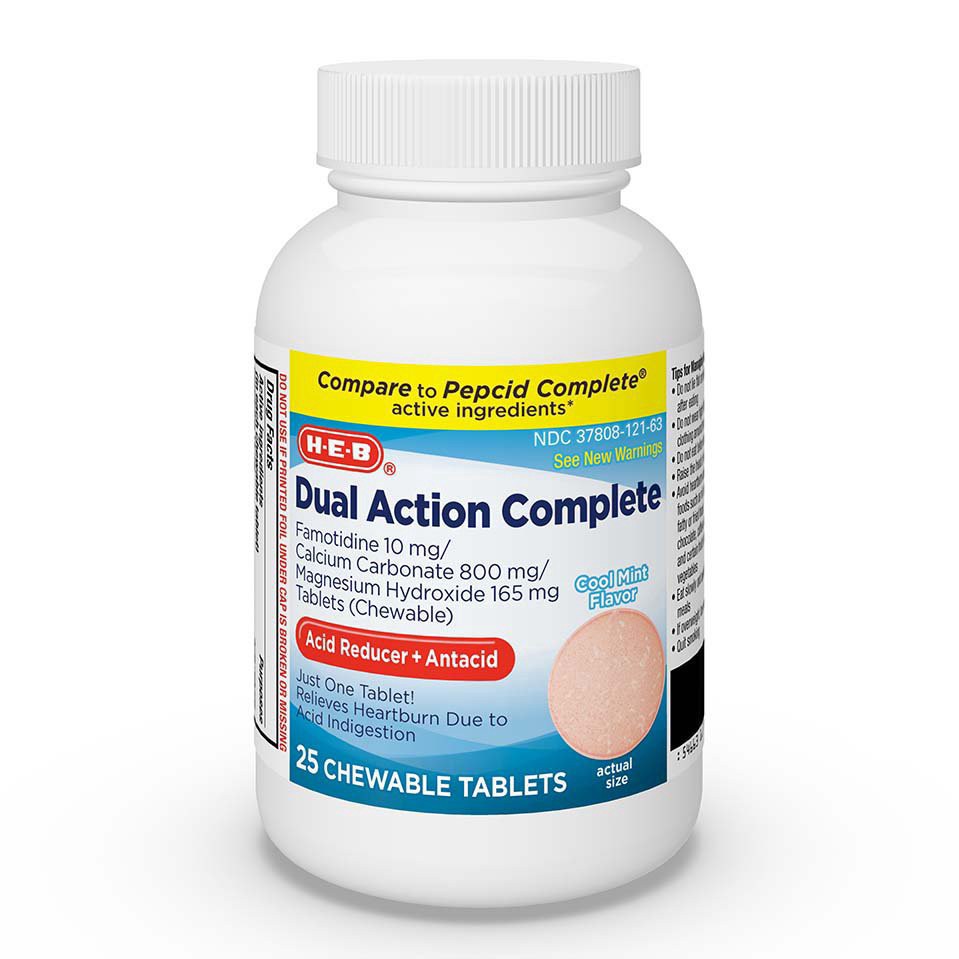 slide 1 of 1, H-E-B Dual Action Complete Acid Reducer Plus Antacid Cool Mint Flavor Chewable Tablets, 25 ct