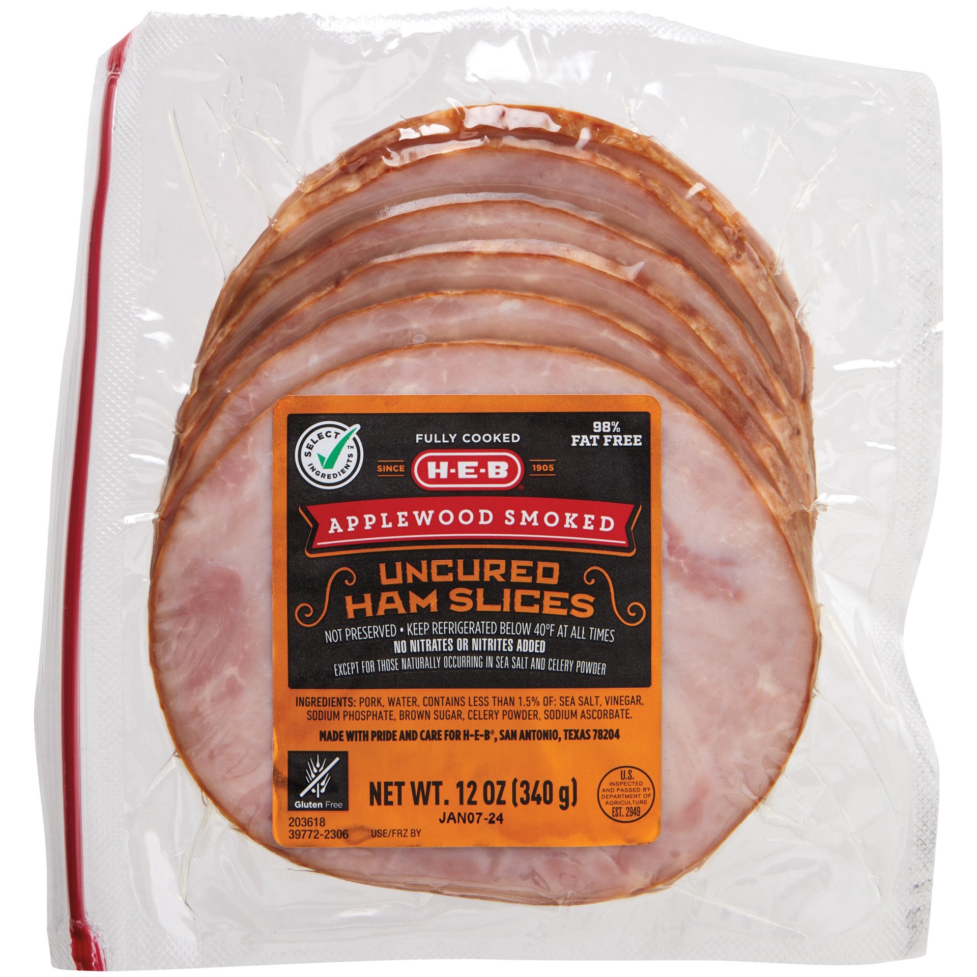 slide 1 of 1, H-E-B Applewood Smoked Uncured Ham Slices, 12 oz