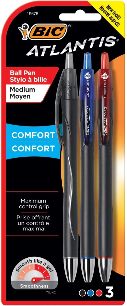 slide 1 of 1, BIC Atlantis Comfort Retractable Ball Point Medium Point Pens, 3 ct