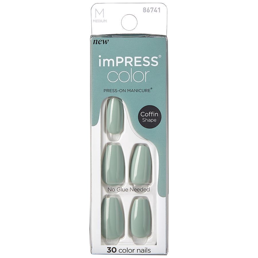 slide 1 of 5, imPRESS KISS imPRESS Color Medium Coffin Press-On Nails, ‘Going Green'', 30 Count, 1 ct