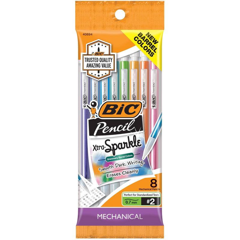 slide 2 of 6, BIC #2 Xtra Sparkle Mechanical Pencils, 0.7mm, 8ct - Multicolor: School Supplies, Kids Stationery, Plastic, Retractable, 8 ct