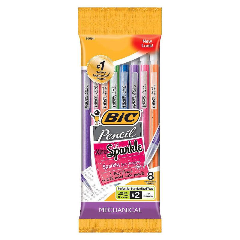 slide 1 of 6, BIC #2 Xtra Sparkle Mechanical Pencils, 0.7mm, 8ct - Multicolor: School Supplies, Kids Stationery, Plastic, Retractable, 8 ct