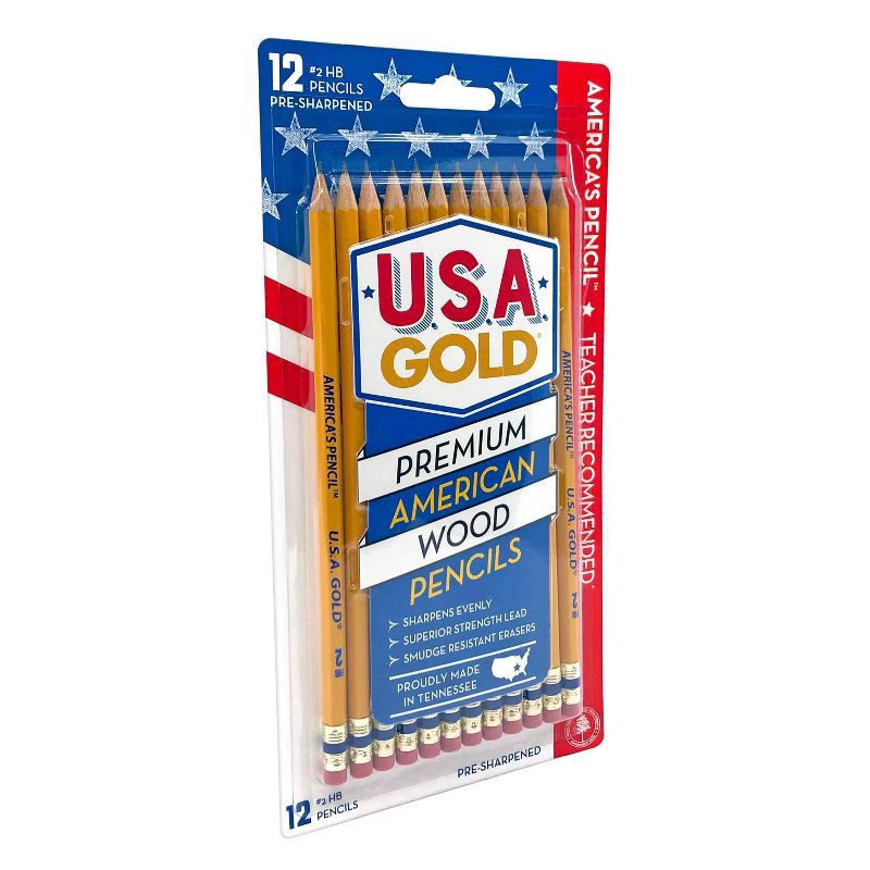 slide 2 of 16, 12ct #2 HB Pencils 2mm Pre-sharpened Premium American Wood Yellow - U.S.A. Gold: Wooden Stationery, Latex-Free Eraser, 12 ct