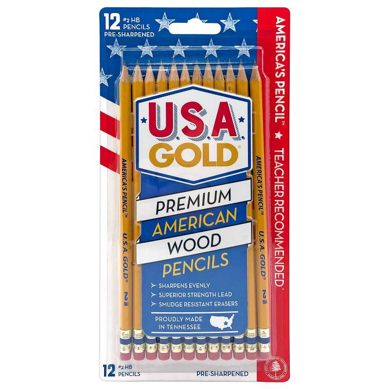 slide 1 of 16, 12ct #2 HB Pencils 2mm Pre-sharpened Premium American Wood Yellow - U.S.A. Gold: Wooden Stationery, Latex-Free Eraser, 12 ct