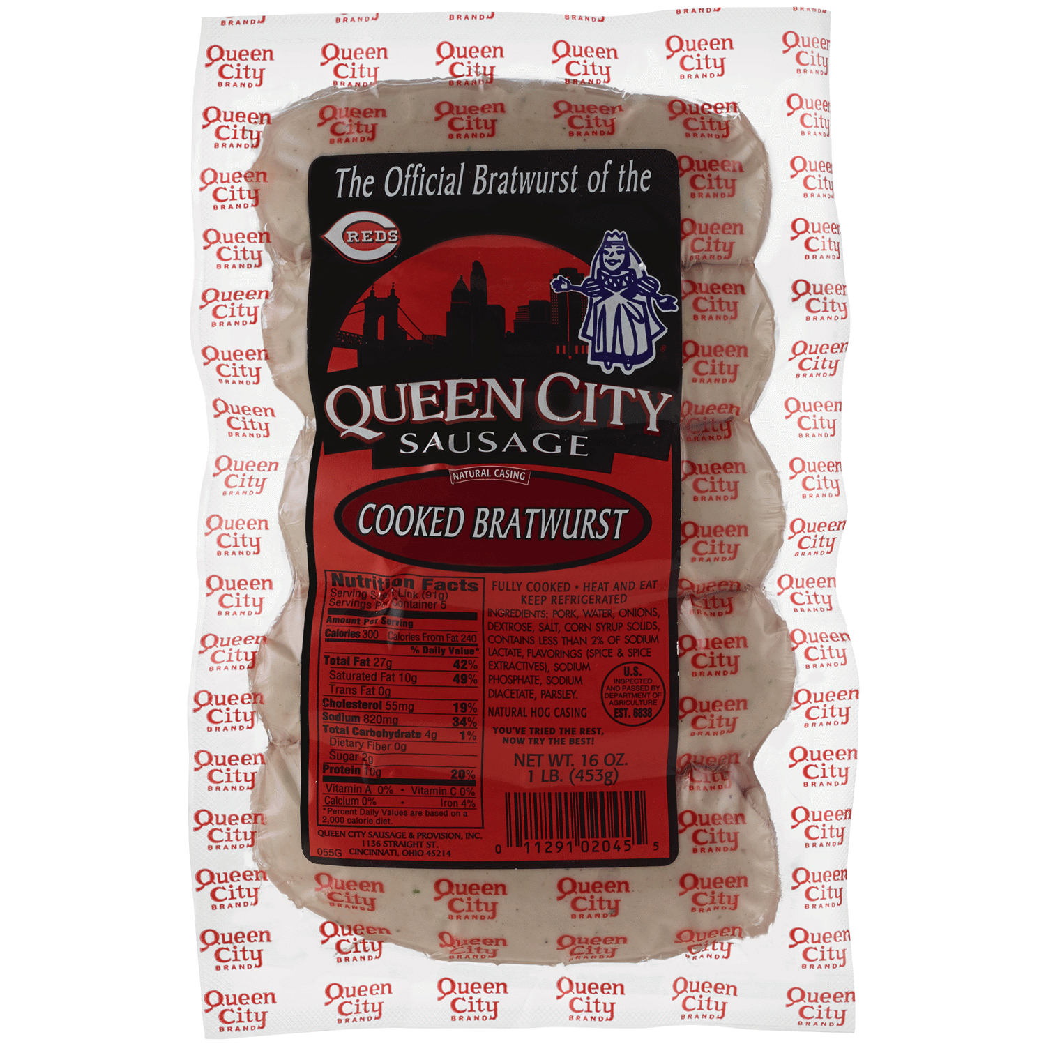 slide 1 of 1, Queen City Sausage Cooked Bratwurst, 5 pk, 16 oz, 16 oz