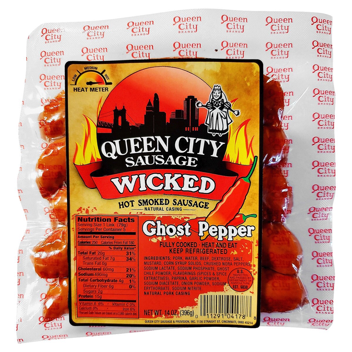 slide 1 of 1, OTHER-REGIONAL Queen City Sausage Wicked Ghost Pepper Sausage, 14 oz