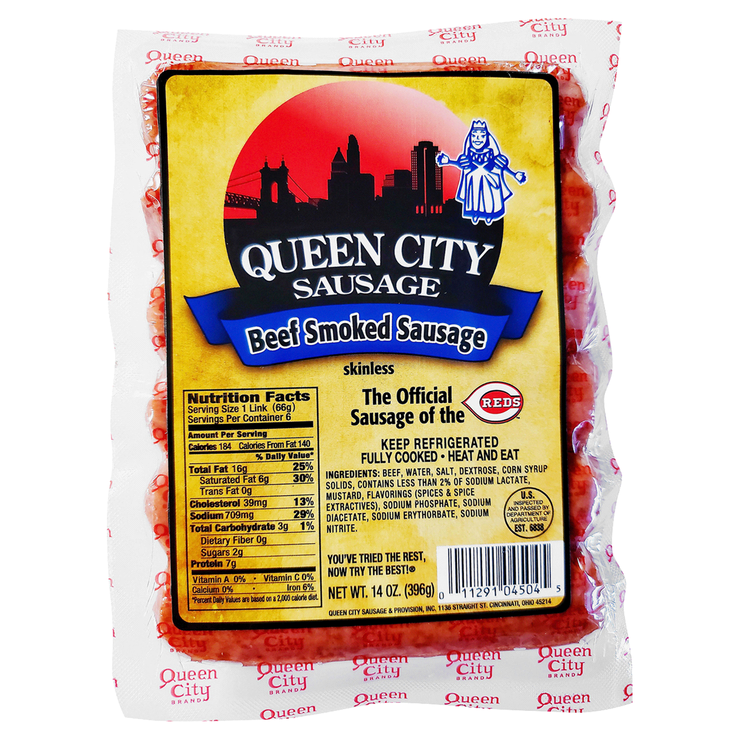 slide 1 of 1, QUEEN CITY SKNLS MILD BEEF SMOKED SAUSAGE, 14 oz