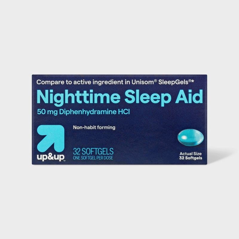 slide 1 of 4, Diphenhydramine HCl Maximum Strength Nighttime Sleep Aid Softgels - 32ct - up&up™, 32 ct