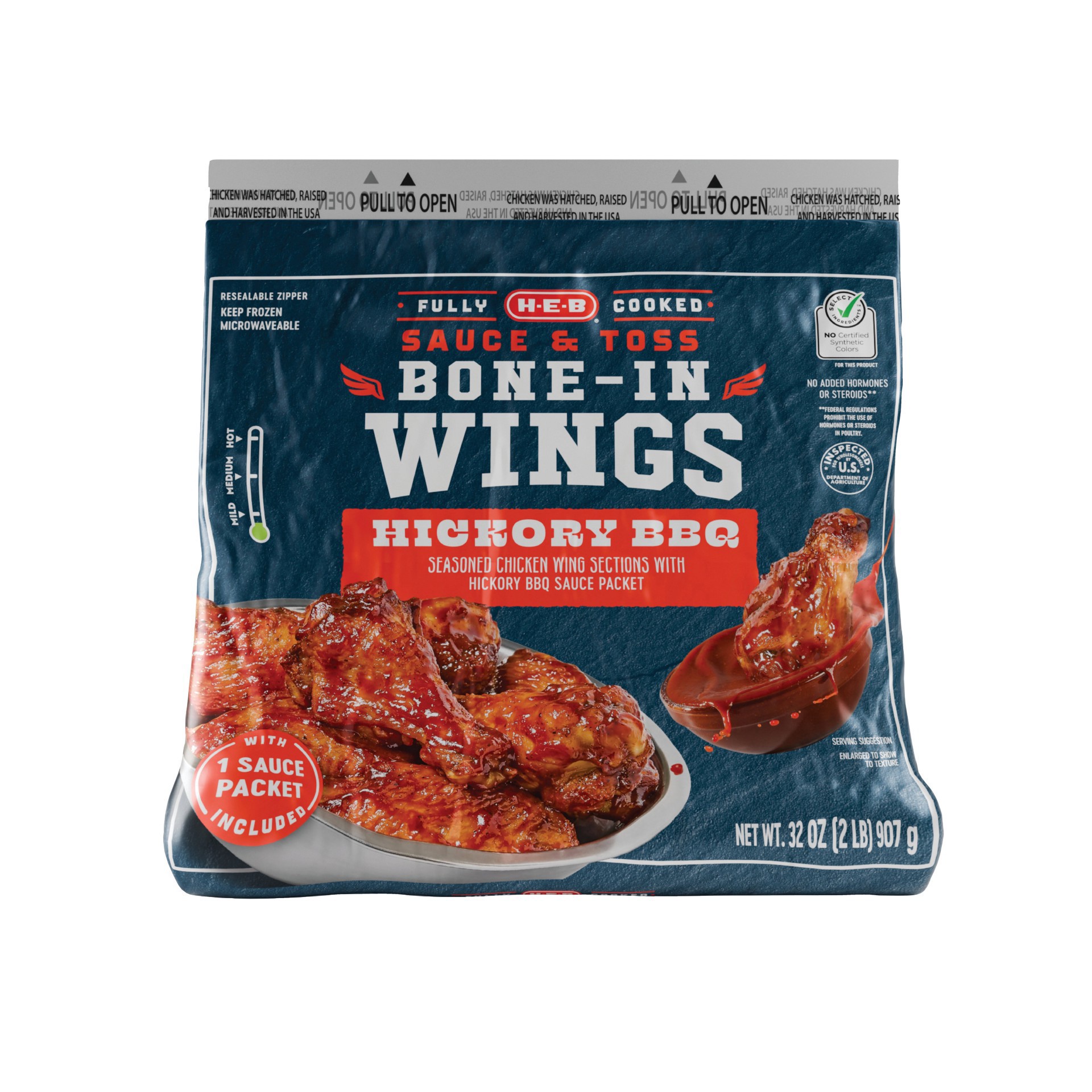 slide 1 of 1, H-E-B Frozen Fully Cooked Bone-In Wings - Hickory BBQ, 32 oz