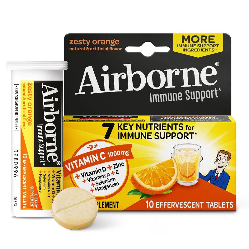 slide 1 of 11, Airborne Immune Support Supplement Dissolving Tablets - Zesty Orange - 10ct, 10 ct